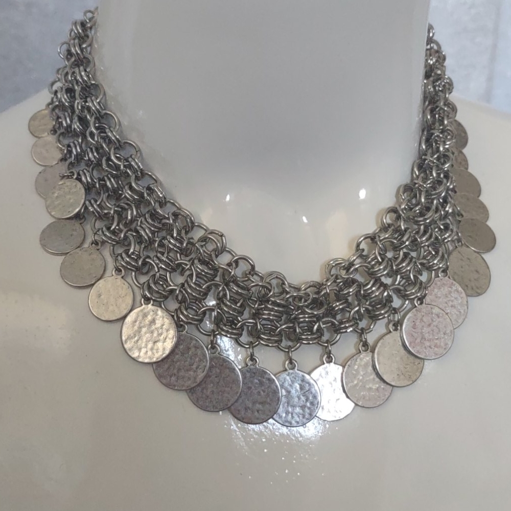 Medallion Coin Choker Bib Necklace Chico's Silver Stevie Multi-Strand Statement - Picture 6 of 7